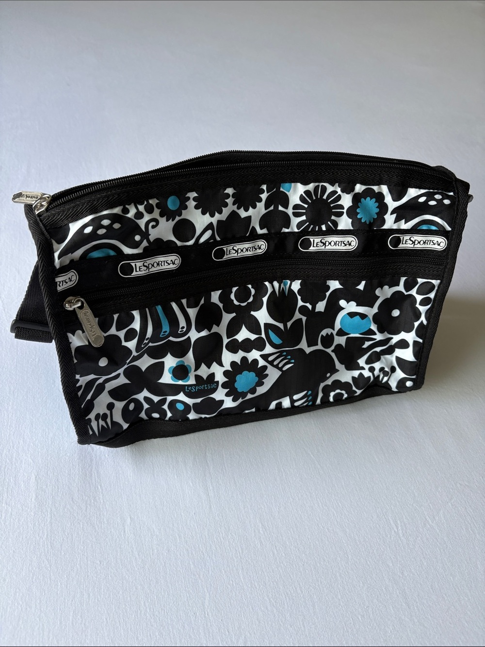 Lesportsac Black, White & Teal Floral Zip Cosmetic Pouch